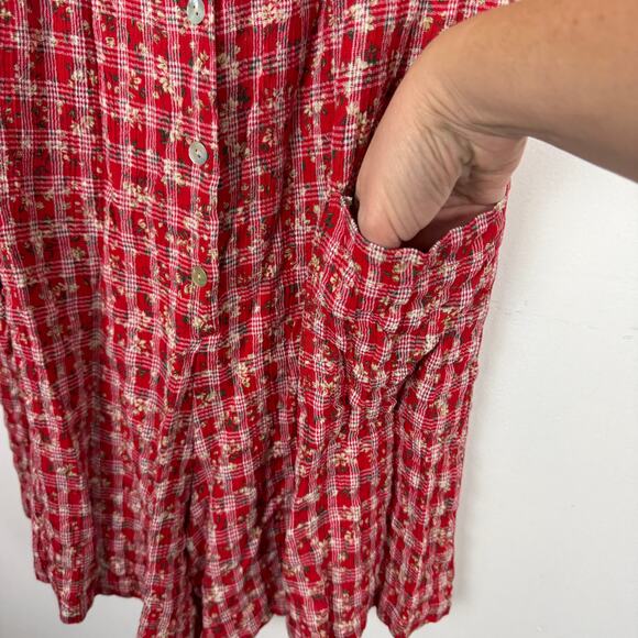 Vintage 90s Express Red Romper Jumpsuit Button Front Pockets Plaid Floral 9/10 M - Picture 7 of 8